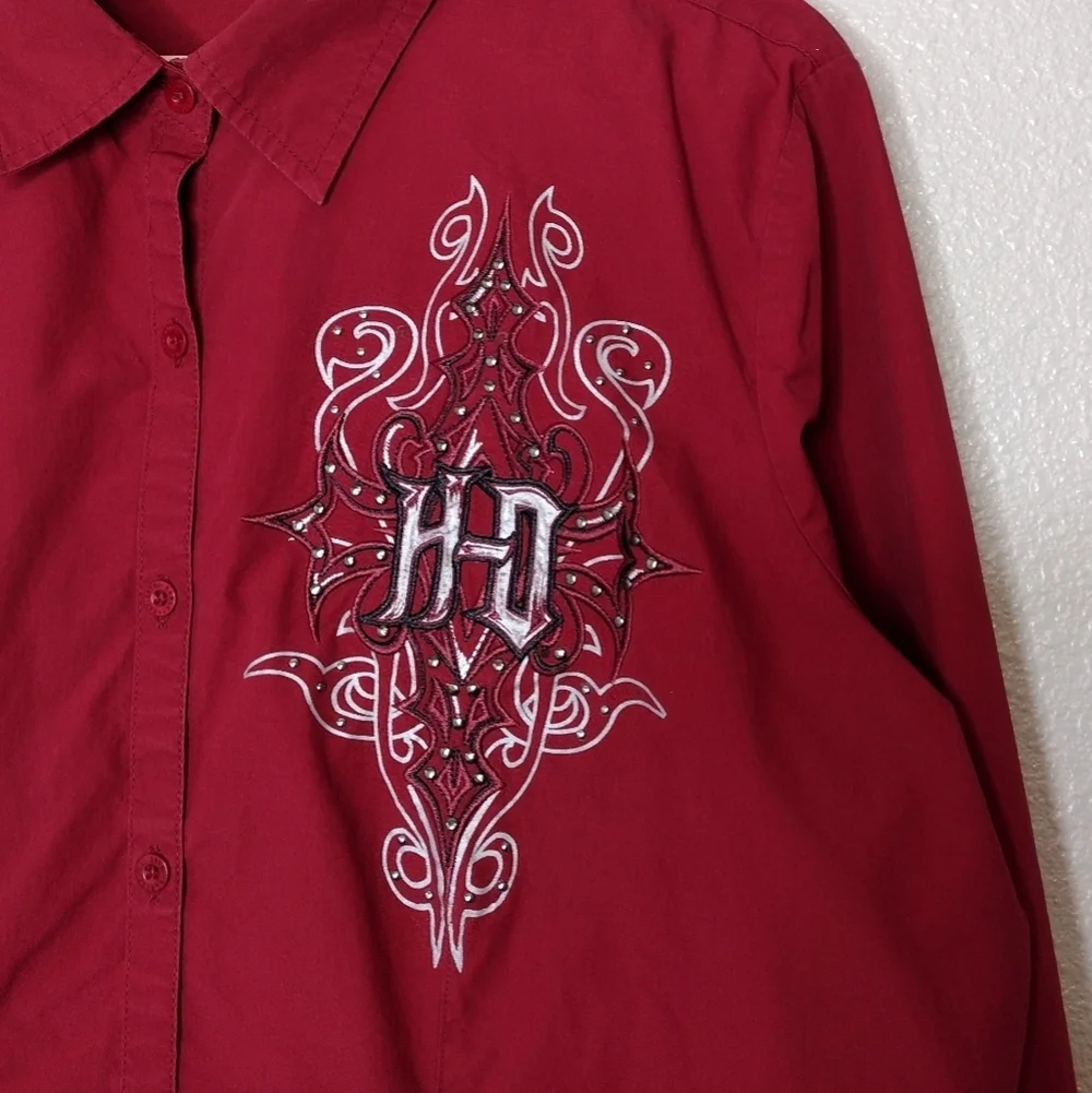 Harley-Davidson Red Embroidery Long Sleeve Button Down Shirt Sz XL
